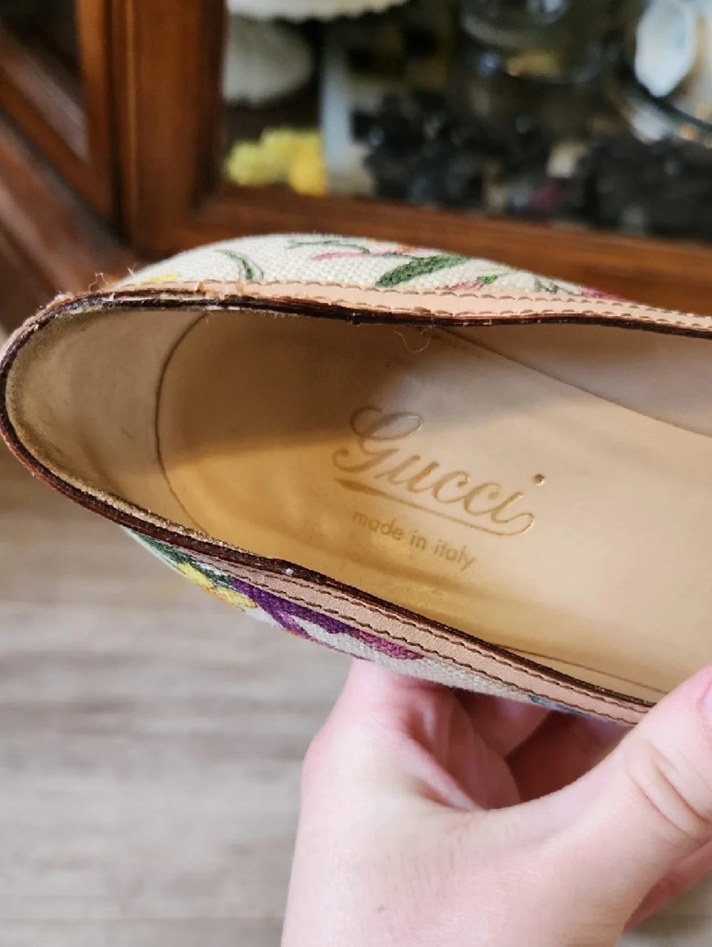 Gucci Floral Embroidered Pumps in Cream with Pink & Green Accents - Picture 9 of 11